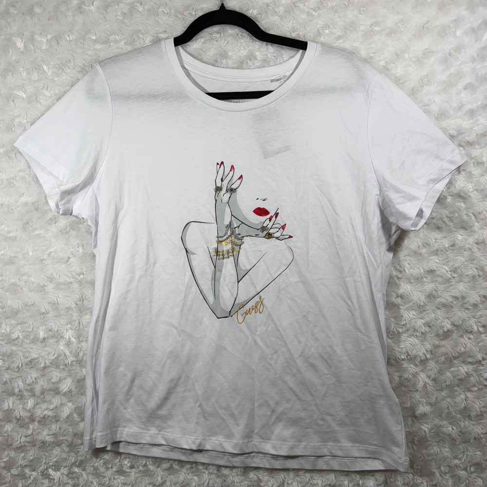 Guess Los Angeles Arizza EZ Crew White Graphic Tee Shirt‎ Embellished XL NEW